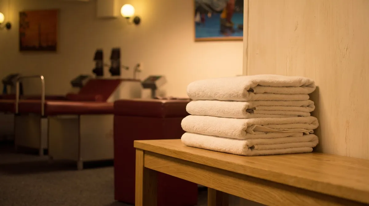 Stapel opgevouwen witte handdoeken op een houten bank