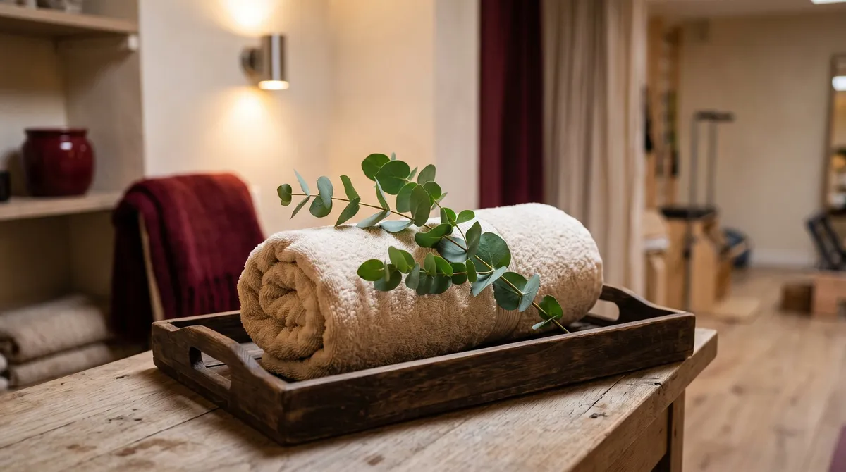 Opgerolde warme handdoek met een takje eucalyptus